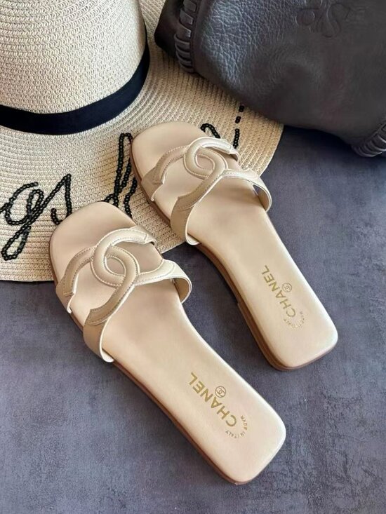 CHANEL​​​​​ Shoes - CHANEL Minimal Beige Leather Interlocking Strap Flat Slides